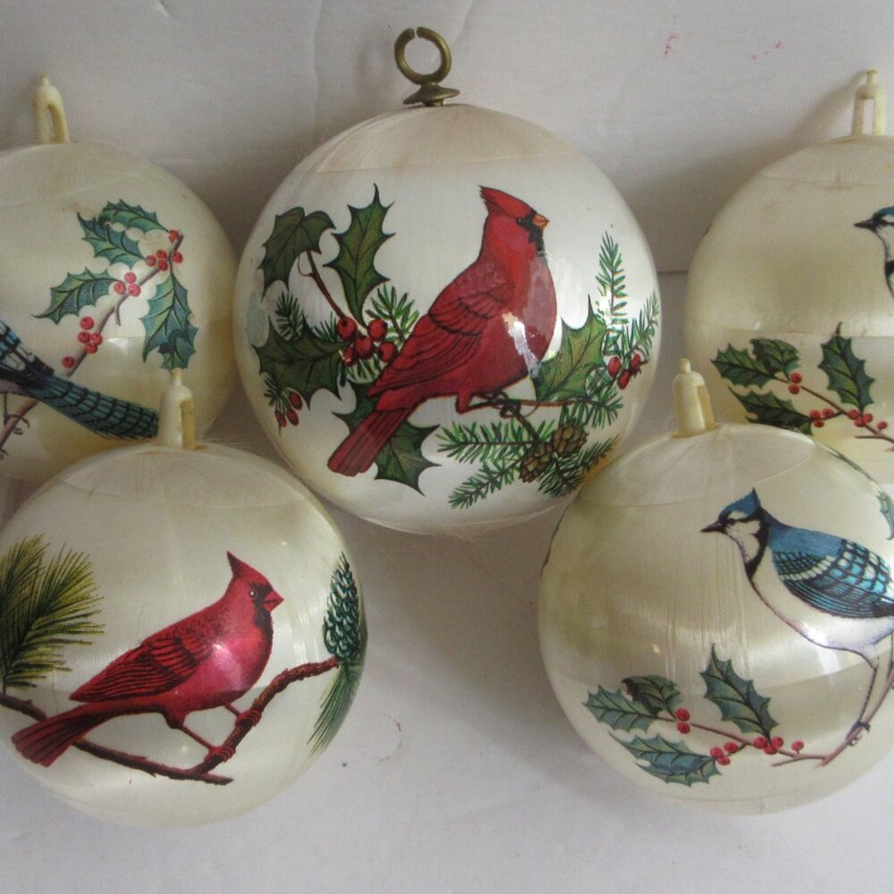 5 Vtg Pyramid Satin Christmas Ball Ornanent Plastic Wrap Birds Blue Jay Cardinal